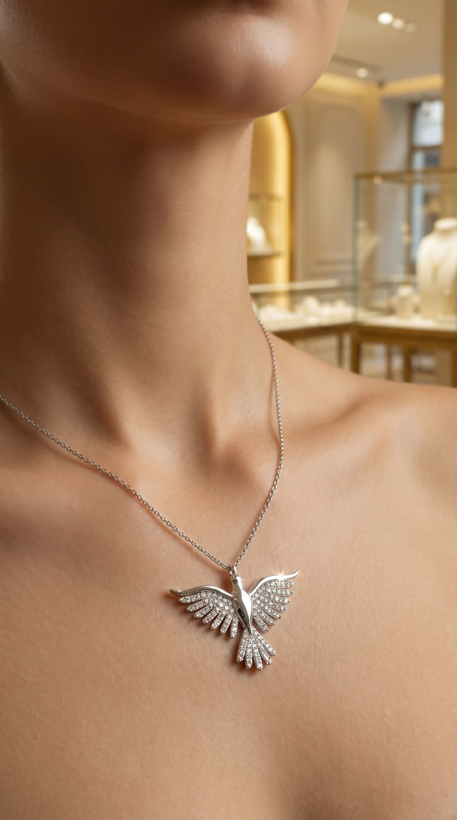 925 Ayar Gümüş Zirkon Taşlı Zümrüdüanka Kuşu Kolye – Özel Tasarım, Işıltılı Kadın Hediyelik Takı